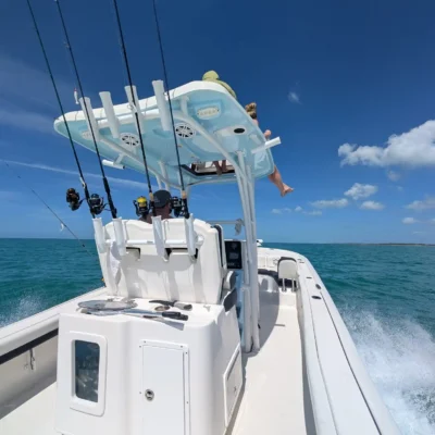 A white fishing boat with multiple fishing rods speeds across blue water under a clear sky, taking an exciting excursion as a person sits above the canopy.