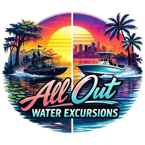 A vibrant logo for All Out Water Excursions featuring an airboat and a speedboat on water, with palm trees, city skyline, and a colorful sunset in the background captures the thrill of every excursion.