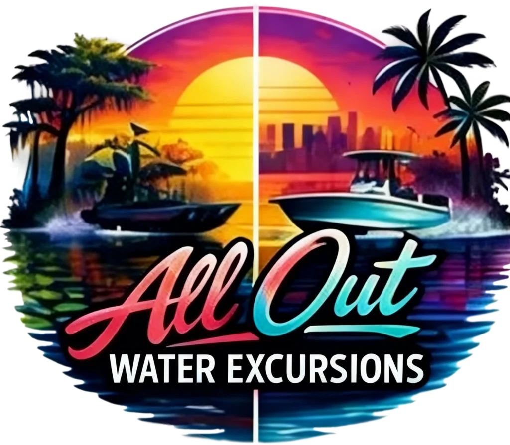 Two boats on water with a colorful sunset and palm trees in the background capture the spirit of adventure; text reads "All Out Water Excursions.